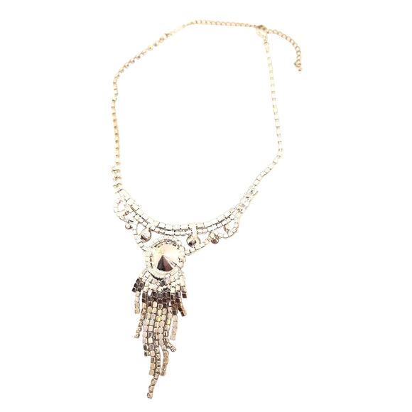 Rhinestone Necklace/Earring Set Red Clear Rhinestones Bib Style Silver Tone - Picture 2 of 6